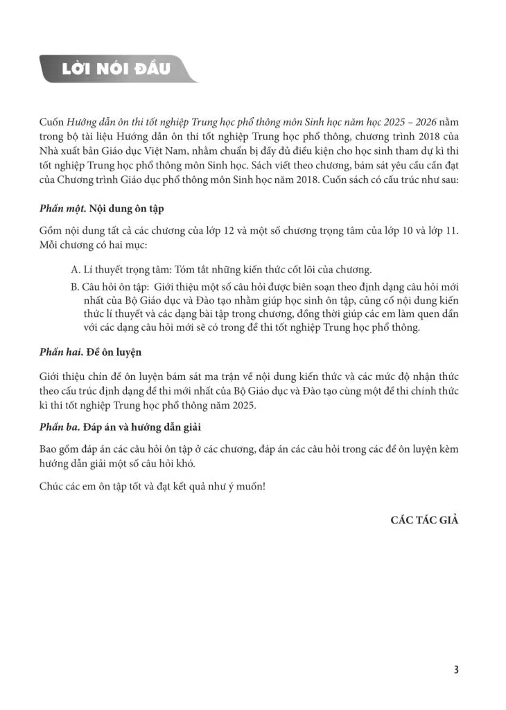 HƯỚNG DẪN ÔN THI TỐT NGHIỆP THPT MÔN SINH HỌC (Năm học: 2025 - 2026)